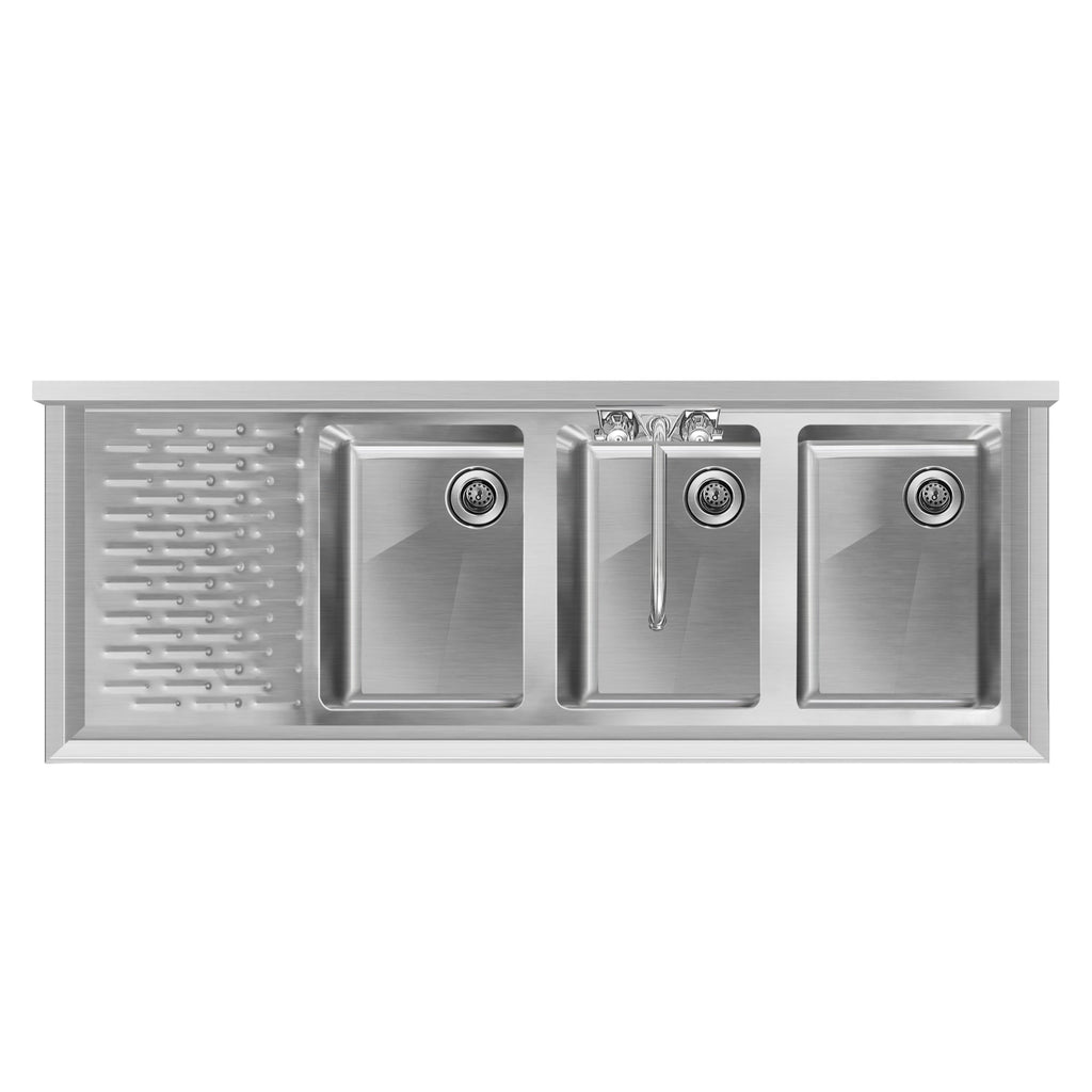 48 in. Three-Compartment Commercial Under-Bar Sink with 3 in. Backsplash, Left Drainboard and Low Lead Faucet, NSF Certified in Stainless Steel