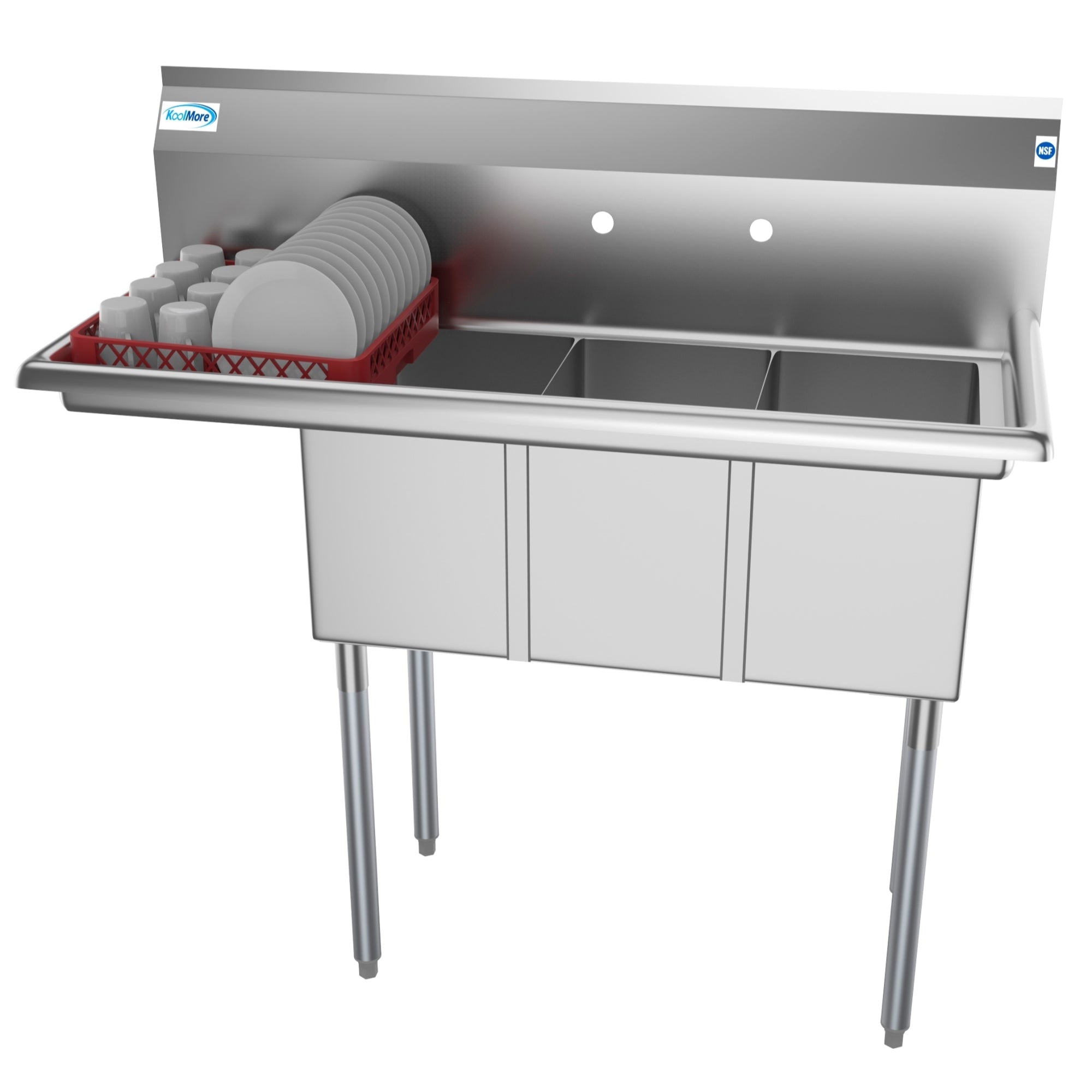 45 in. Three Compartment Stainless Steel Commercial Sink with Drainboard, Bowl Size 10"x 14"x 10"