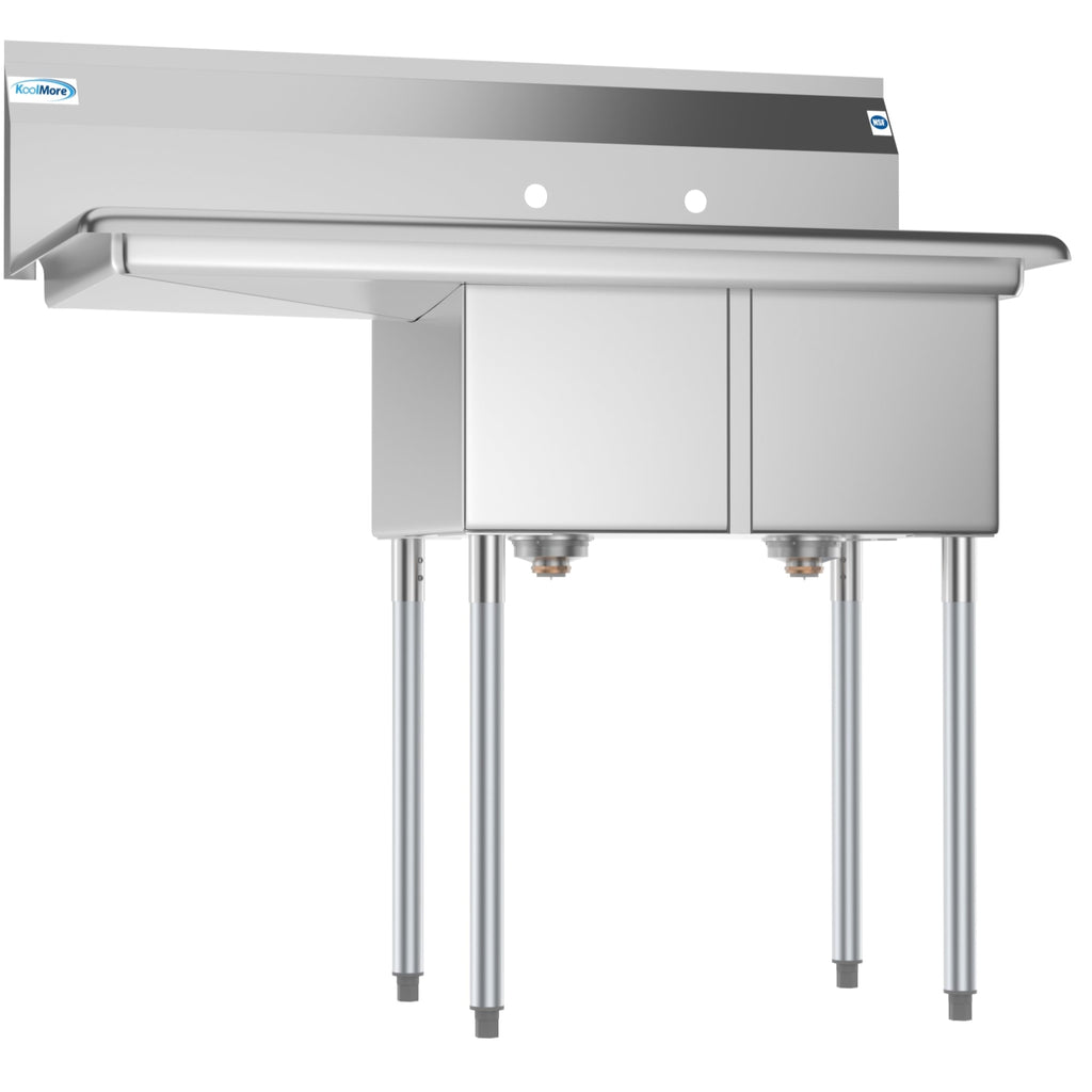 43 in. Two Compartment Stainless Steel Commercial Sink with Drainboard, Bowl Size 12"x 16"x 10"