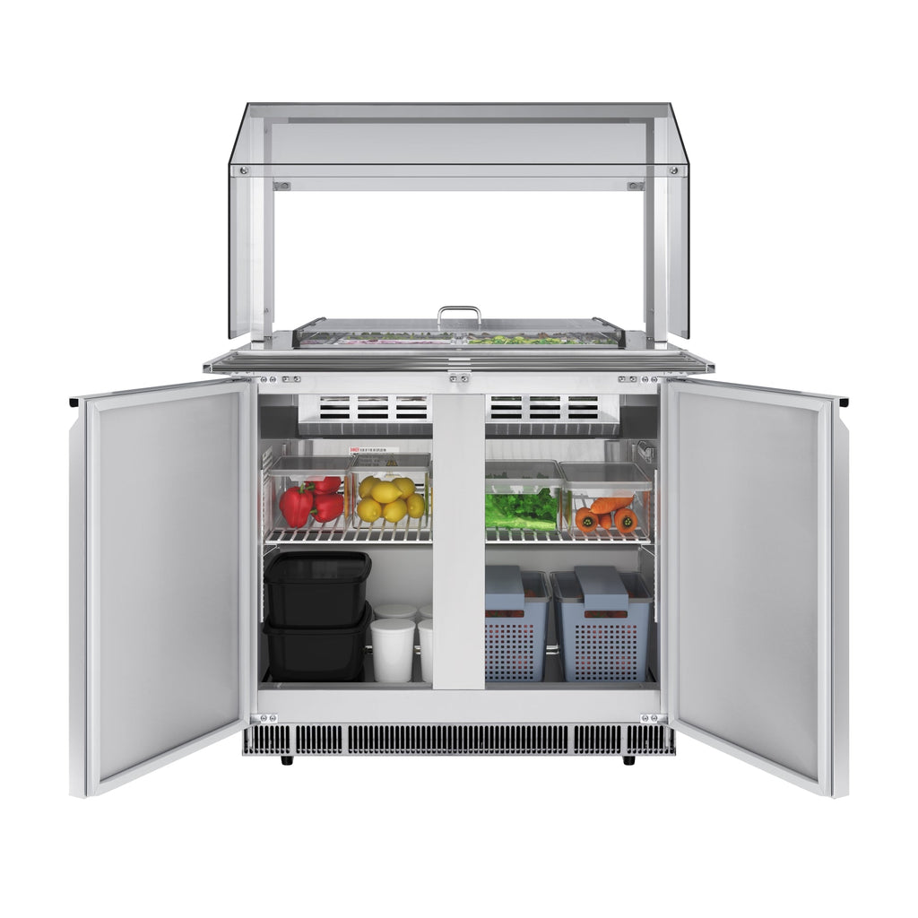 36 in. Commercial Refrigerated Prep Station with Sneeze Guard and Buffet Slide, 6-Pan (Not Included) with Cover Capacity and Two Adjustable Shelves in Stainless Steel, ETL Listed