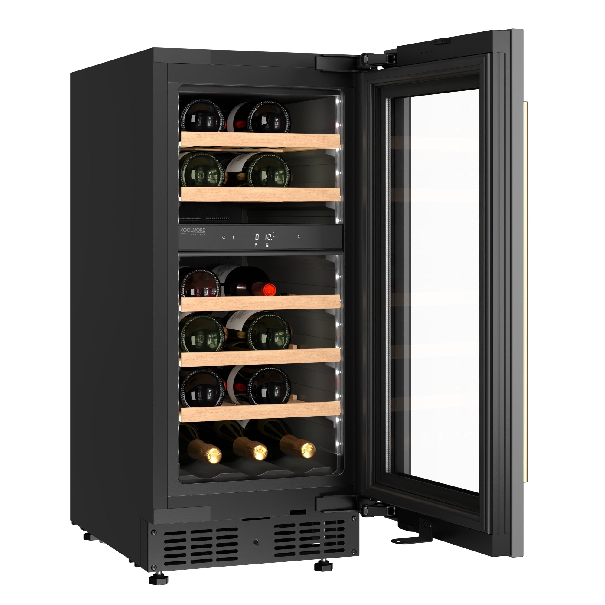 KoolMore Reserve 15 in. Under-Counter Panel Ready Dual Zone Built-in Wine Cooler with 23 Bottle Capacity and Wooden Shelves in Black