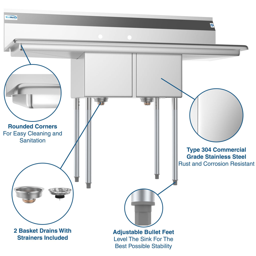 56 in. Two Compartment Stainless Steel Commercial Sink with 2 Drainboards, Bowl Size 12"x 16"x 10"