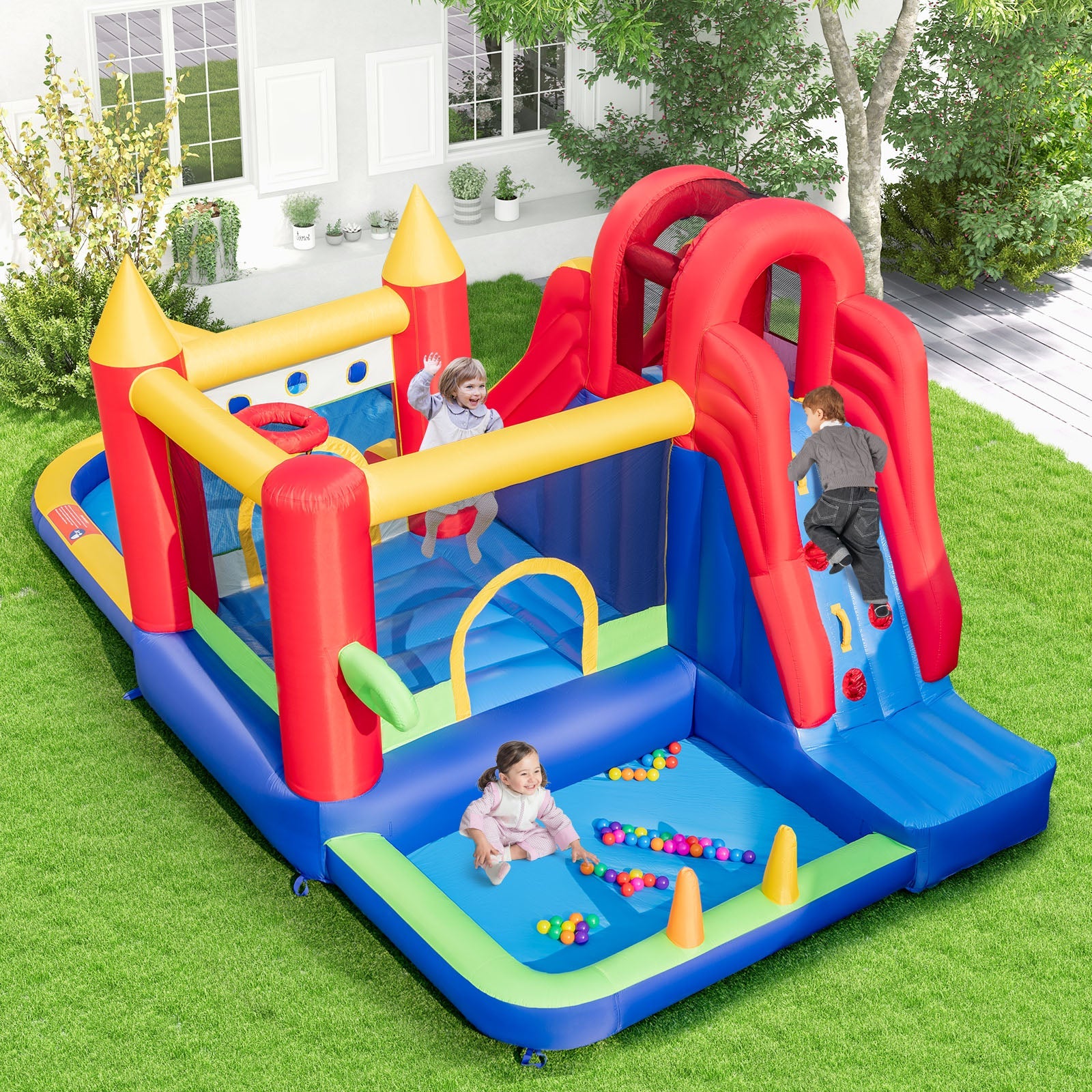 Costway 9-in-1 Inflatable Bounce Castle Water Slide Splash Pool w/ 735W Blower 72563914 New