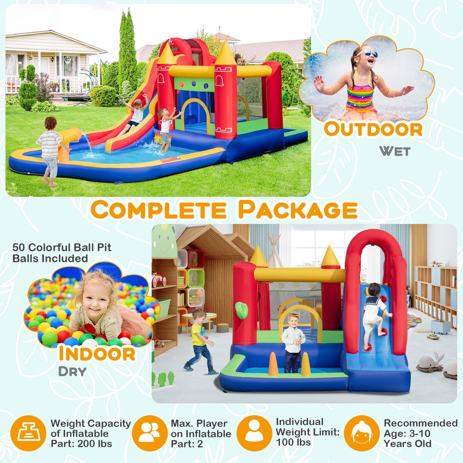 Costway 9-in-1 Inflatable Bounce Castle Water Slide Splash Pool w/ 735W Blower 72563914 New