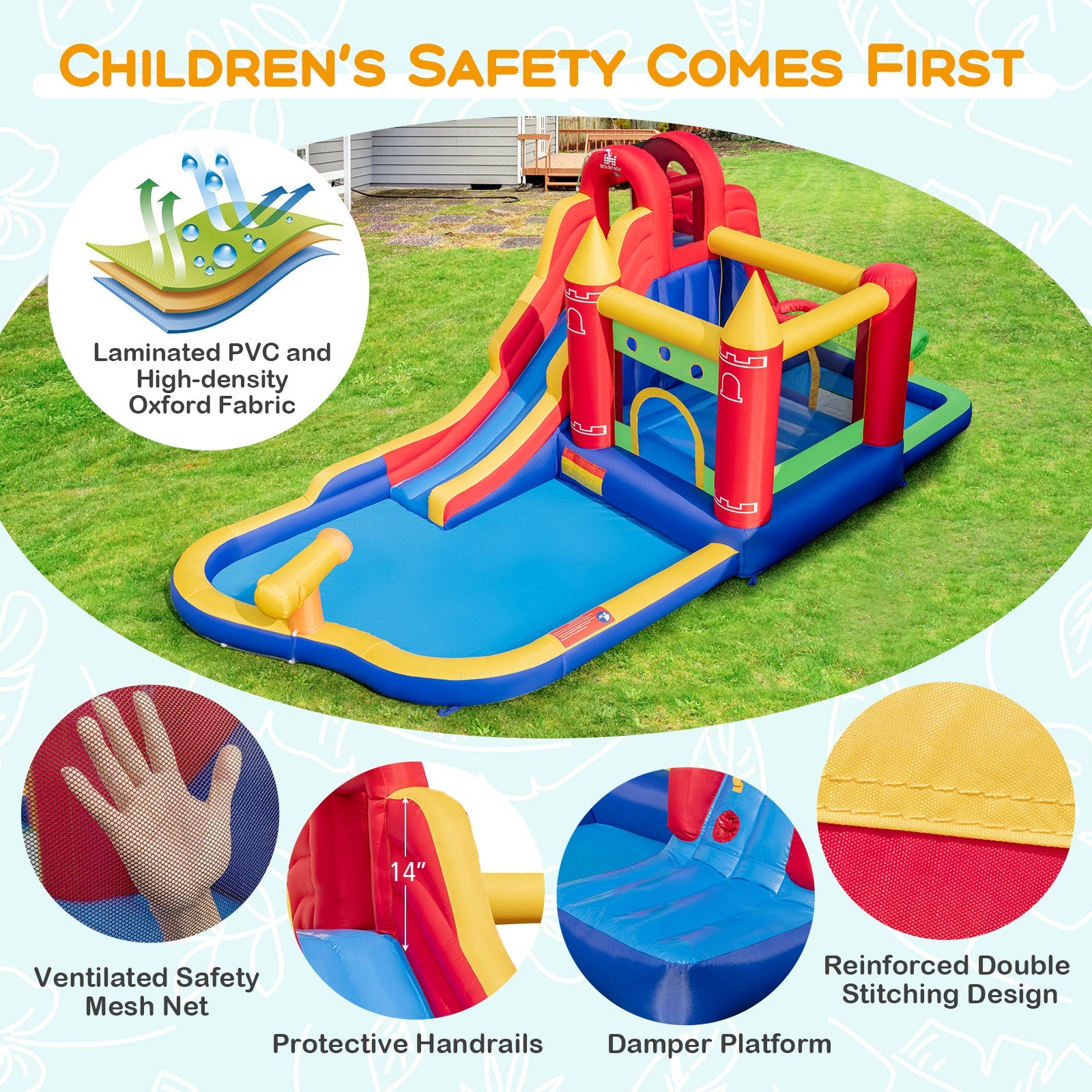 Costway 9-in-1 Inflatable Bounce Castle Water Slide Splash Pool w/ 735W Blower 72563914 New