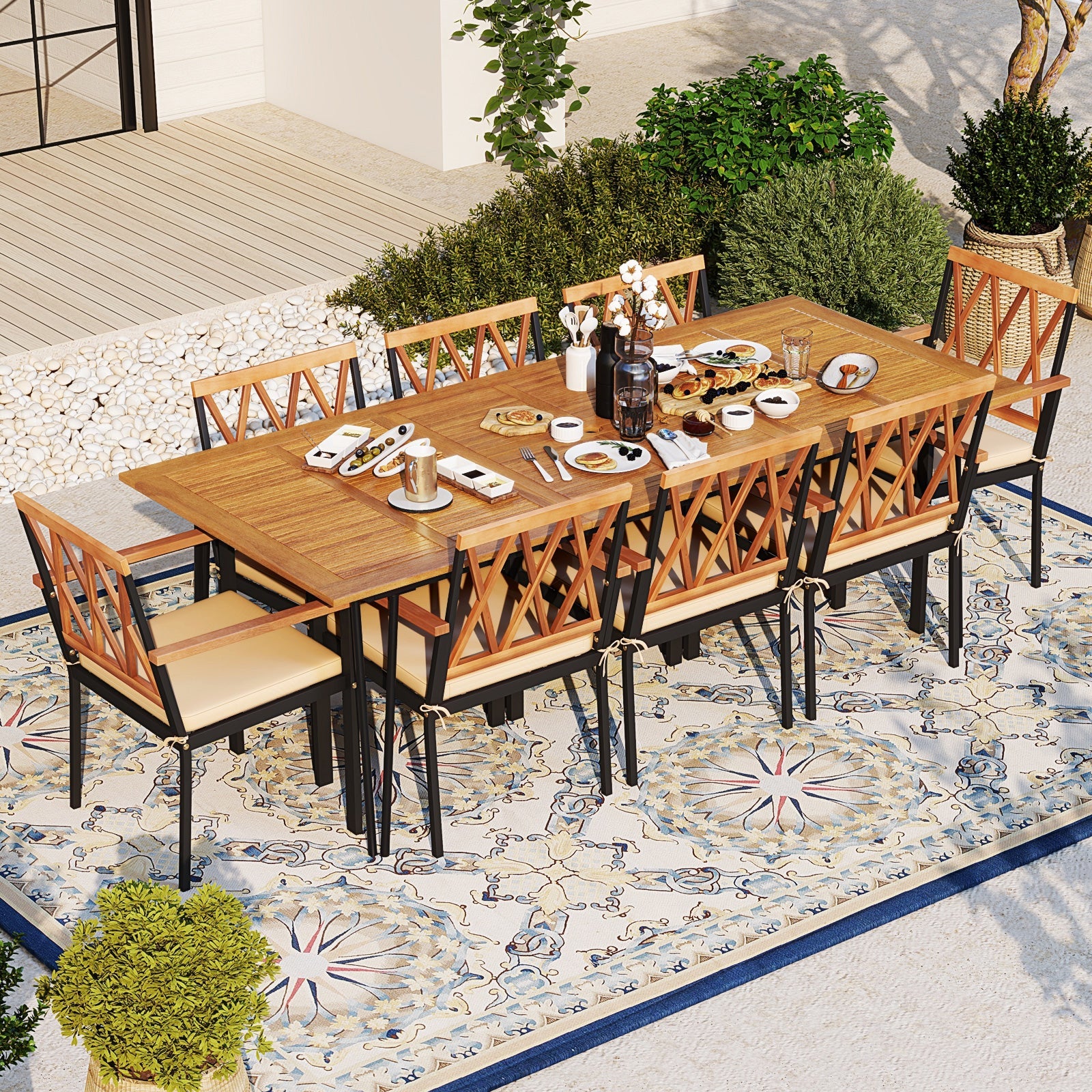 Costway 9-Pc Acacia Wood Patio Dining Set w/ 8 Chairs 43157962 New