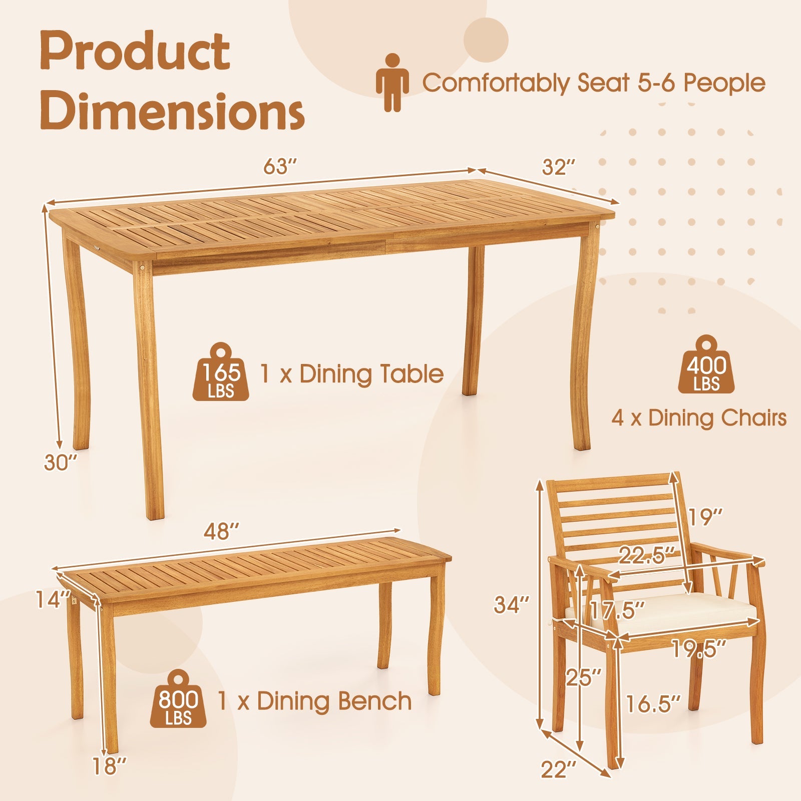 Costway Acacia Wood Outdoor Dining Table Bench Chairs Set 1.97" Umbrella Hole 80948333 New