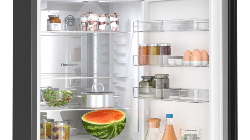 BOSCH  800 Series Free-standing fridge-freezer with freezer at bottom, glass door 24'', Total No Frost - Black (B24CB80ESB)