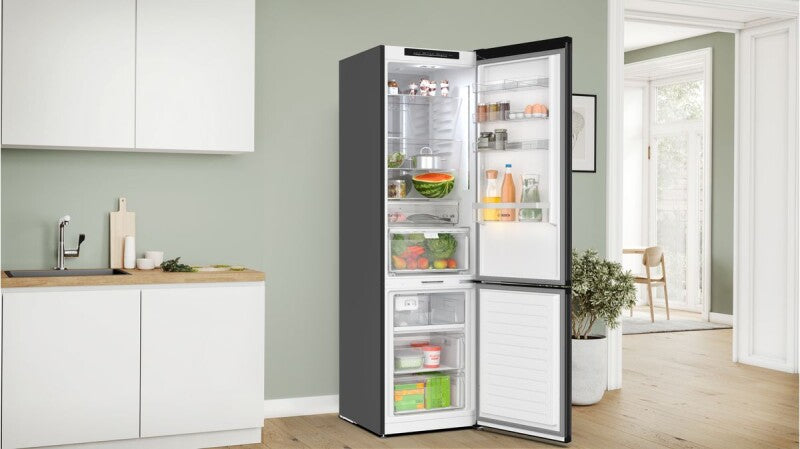 BOSCH  800 Series Free-standing fridge-freezer with freezer at bottom, glass door 24'', Total No Frost - Black (B24CB80ESB)