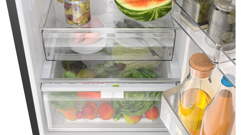 BOSCH  800 Series Free-standing fridge-freezer with freezer at bottom, glass door 24'', Total No Frost - Black (B24CB80ESB)