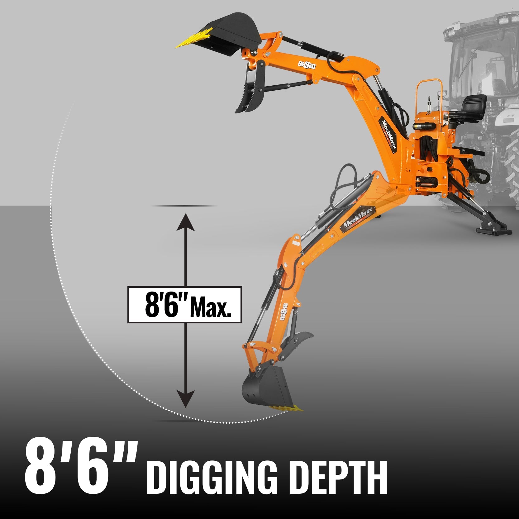 9' Tractor Backhoe Attachment with Hydraulic Thumb,  15" Bucket,  ISO/SAE Switchable Controls,  Self-Contained Hydraulic System,  3 Point Hitch Cat.1 & 2,  25-100 HP,  BH860H