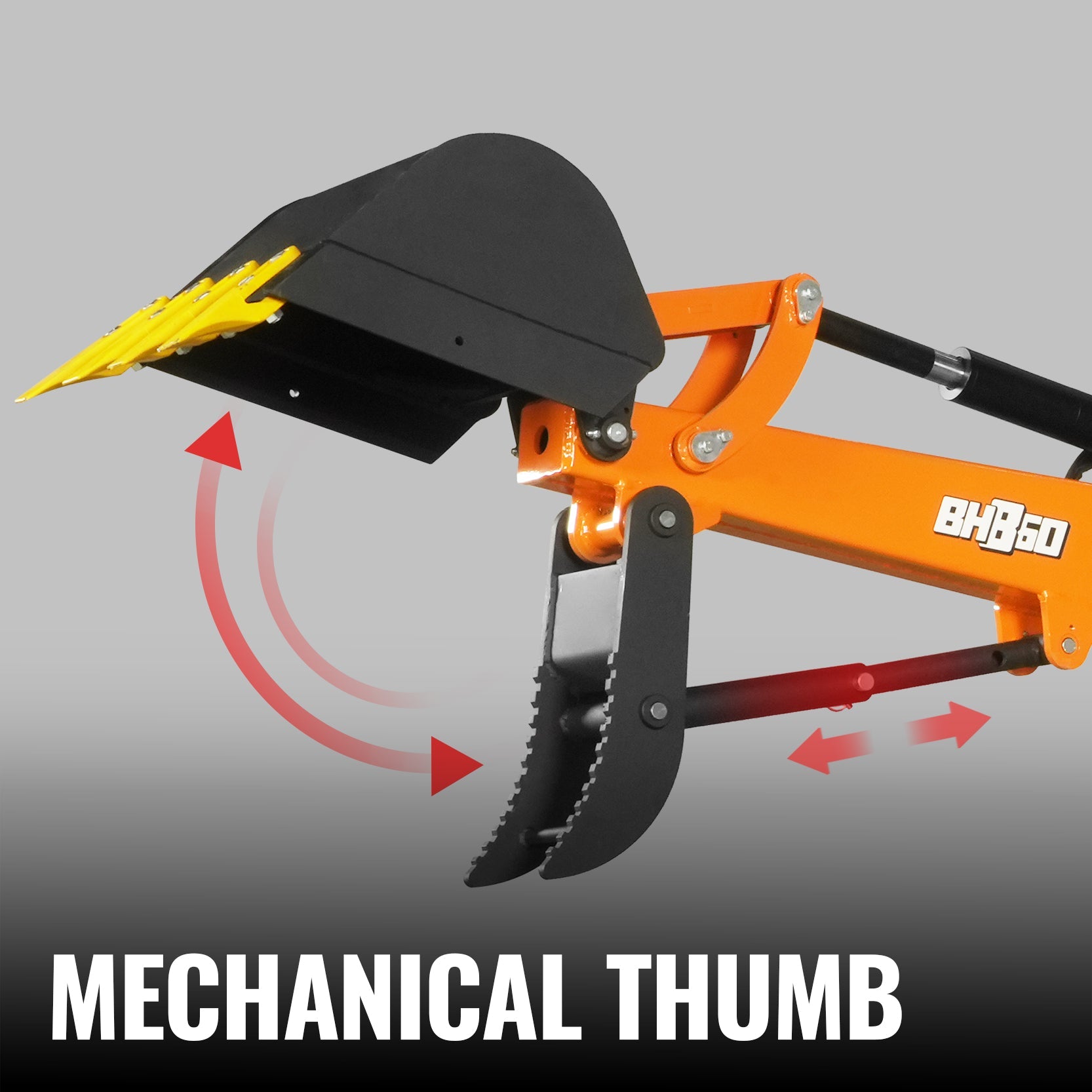 9' Tractor Backhoe Attachment with Hydraulic Thumb,  15" Bucket,  ISO/SAE Switchable Controls,  Self-Contained Hydraulic System,  3 Point Hitch Cat.1 & 2,  25-100 HP,  BH860H