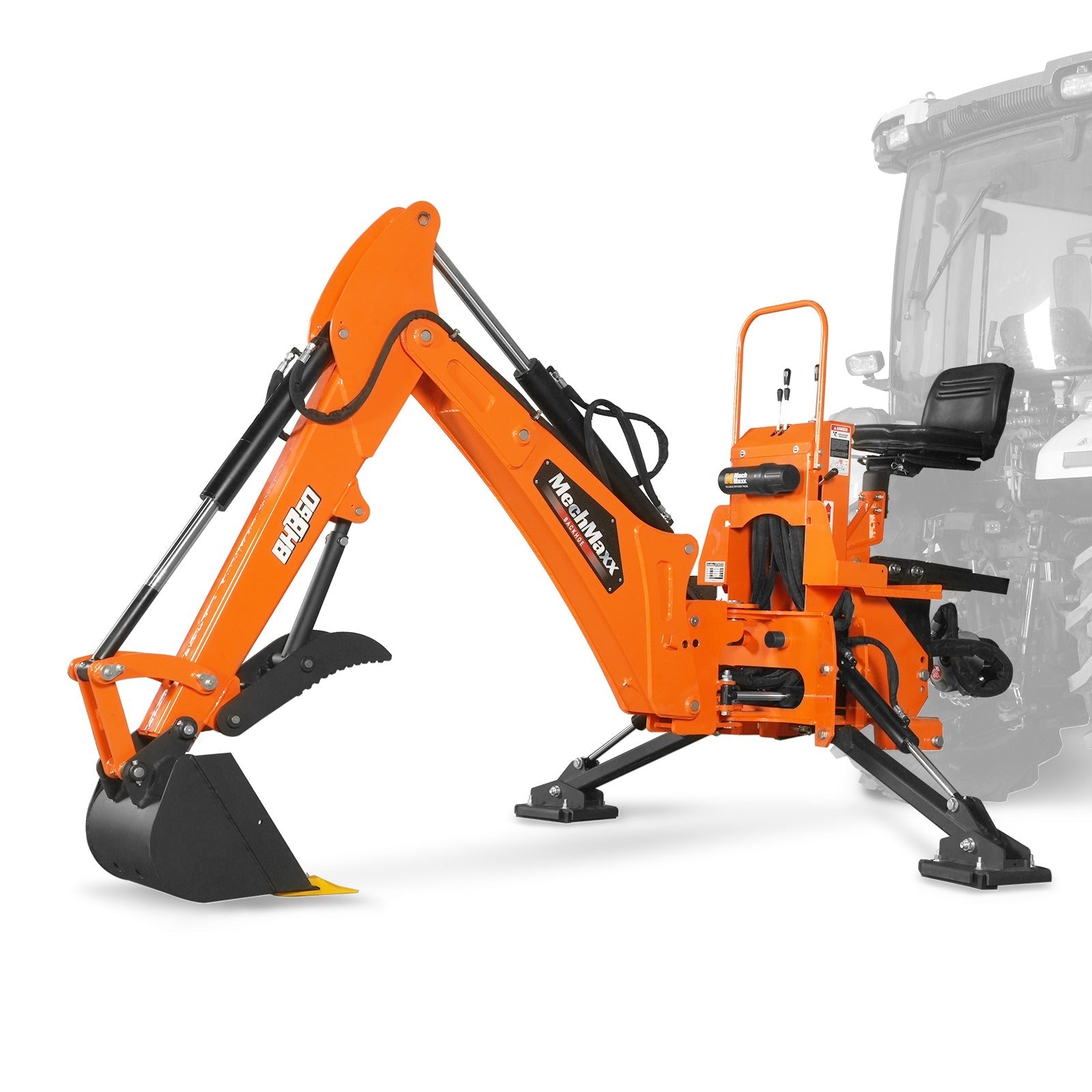 9' Tractor Backhoe Attachment with Mechanical Thumb,  15" Bucket,  ISO/SAE Switchable Controls,  Self-Contained Hydraulic System,  3 Point Hitch Cat.1 & 2,  25-100 HP,  BH860M