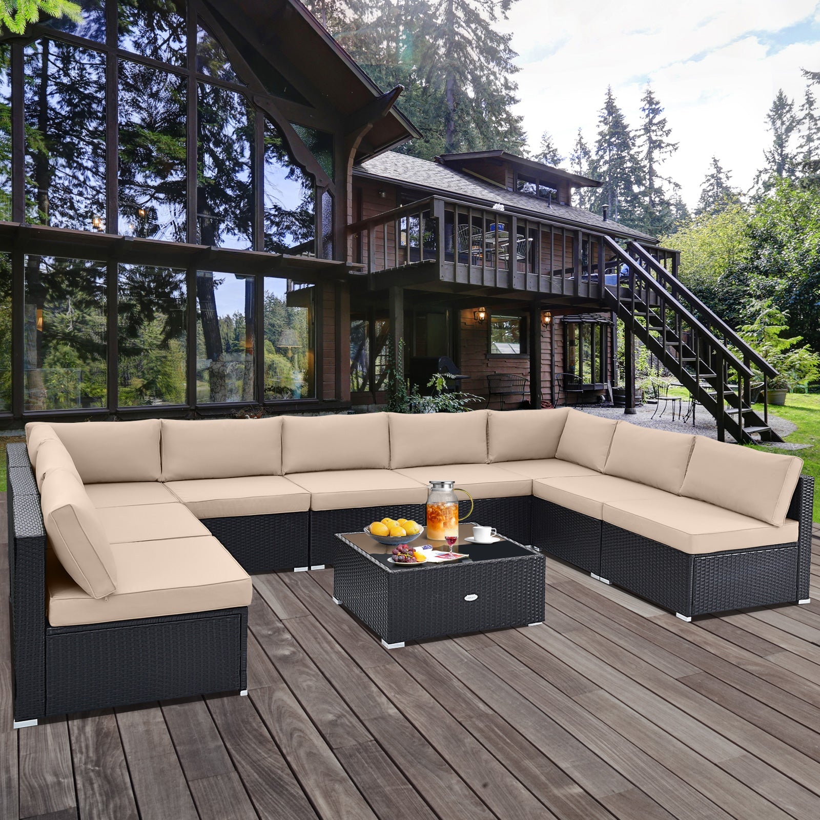 Costway 10-Pc Outdoor Wicker Conversation Set w/ Seat & Back Cushions 71568324 New