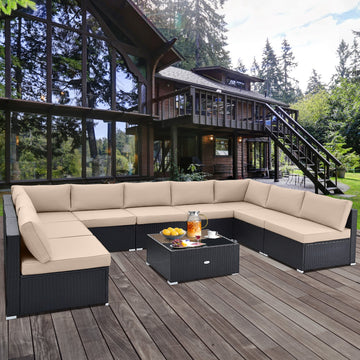 Costway 10-Pc Outdoor Wicker Conversation Set w/ Seat & Back Cushions 71568324 New
