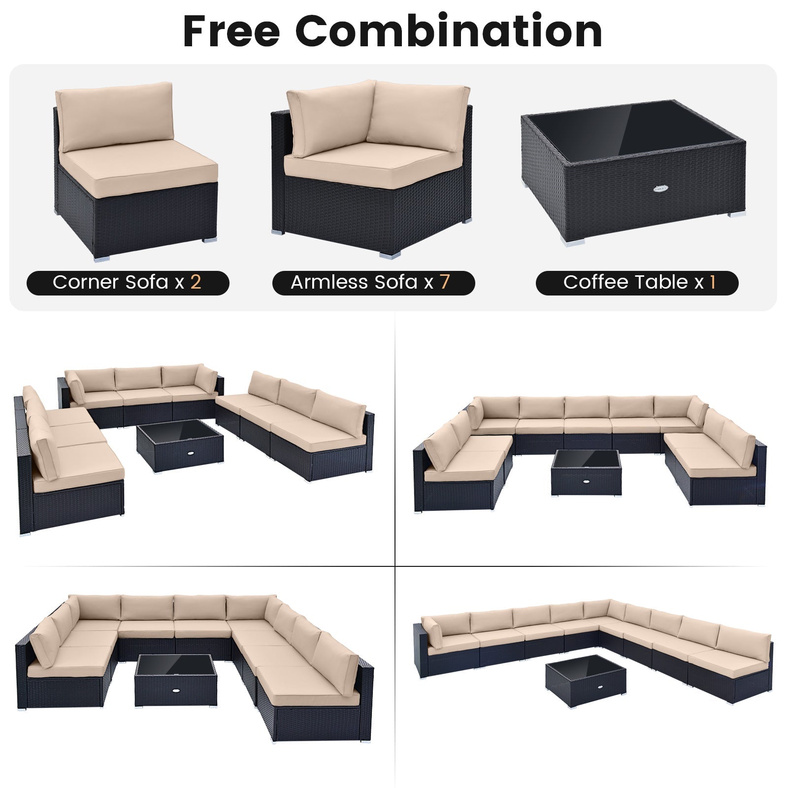 Costway 10-Pc Outdoor Wicker Conversation Set w/ Seat & Back Cushions 71568324 New