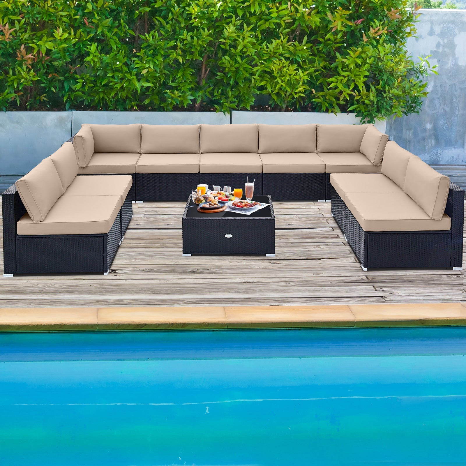 Costway 10-Pc Outdoor Wicker Conversation Set w/ Seat & Back Cushions 71568324 New