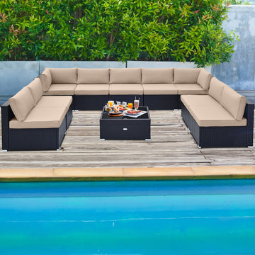 Costway 10-Pc Outdoor Wicker Conversation Set w/ Seat & Back Cushions 71568324 New