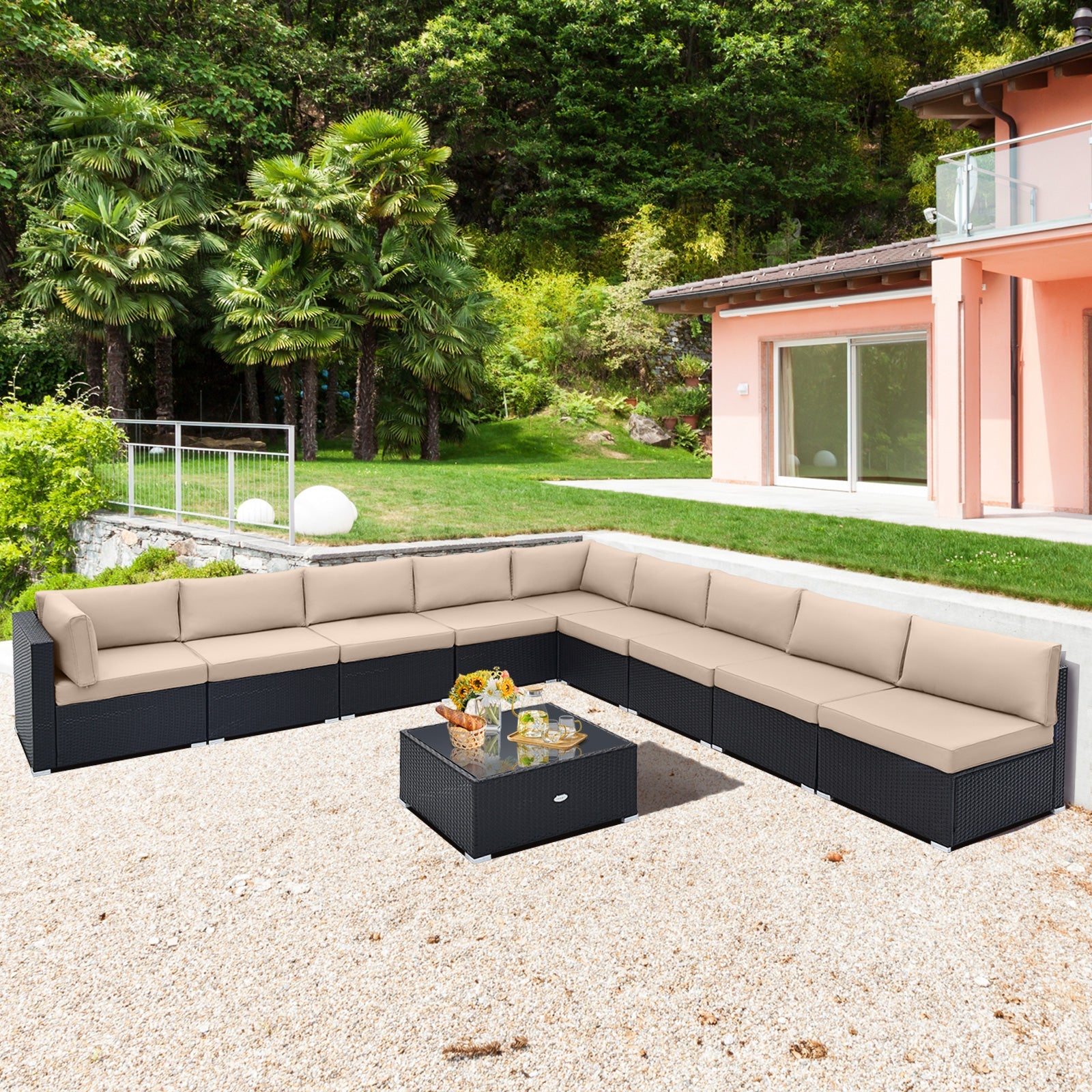 Costway 10-Pc Outdoor Wicker Conversation Set w/ Seat & Back Cushions 71568324 New
