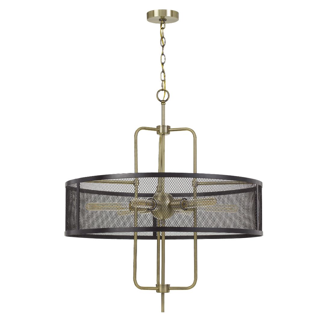 Cal Lighting Leiden 6-Light Metal Chandelier with Mesh Shade in Antique Brass and Black