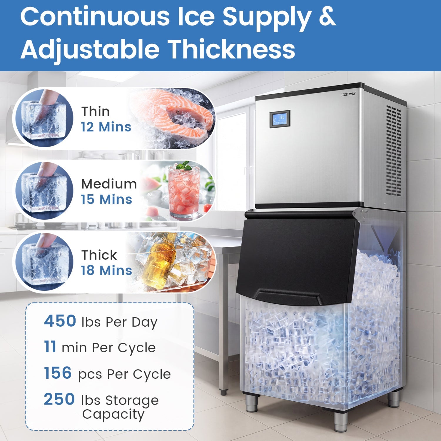 Costway Freestanding Commercial Ice Maker 450 lbs/24H 42969552 New
