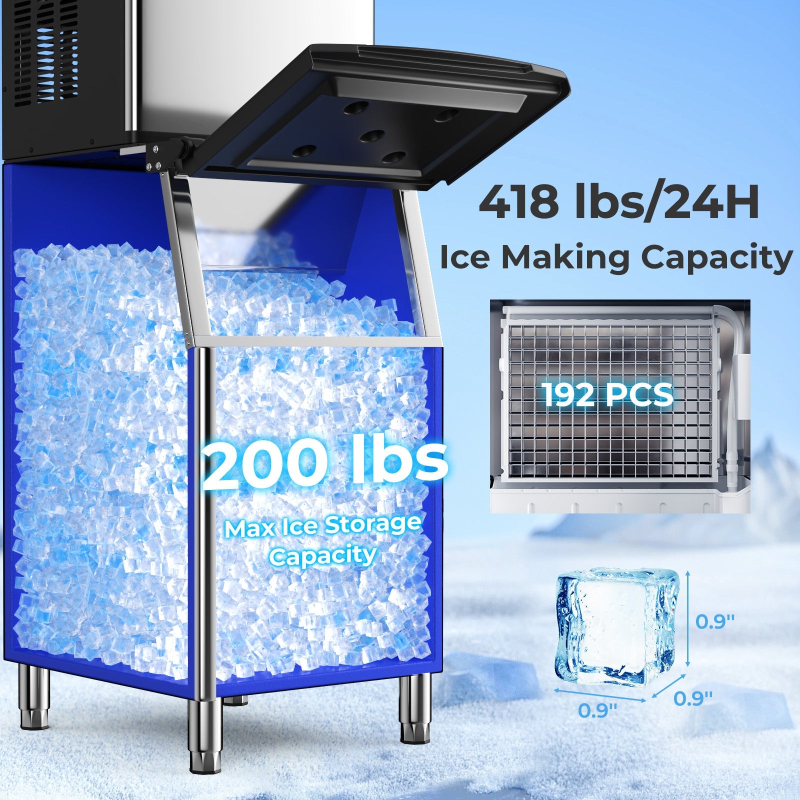 Costway Commercial Ice Maker Machine 418 lbs/24H 200 lbs Bin 859376142 New