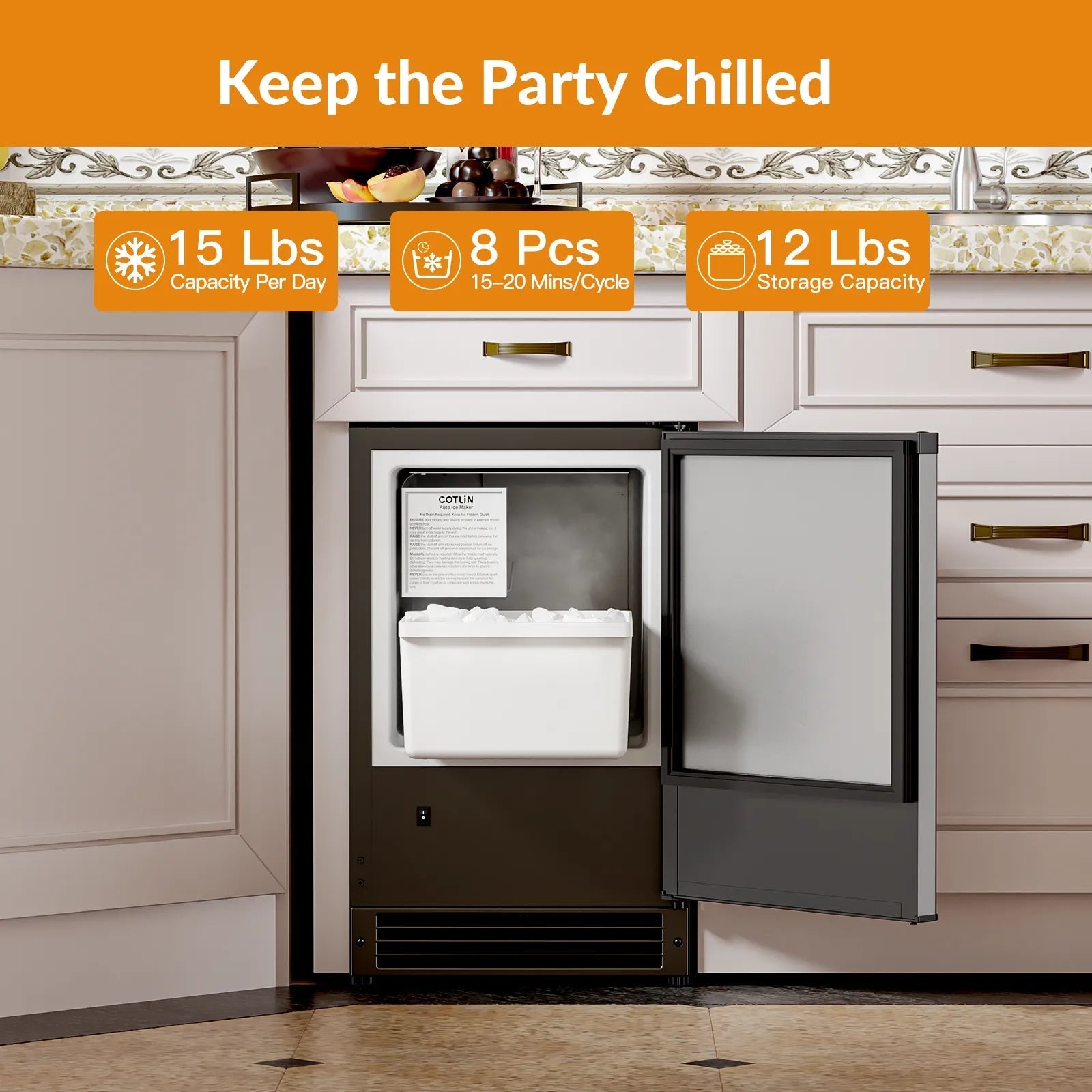 Cotlin IMC20 Crescent Ice Maker Drainless 15" Undercounter 15 lbs/Day with 12 lb. Storage Bin New