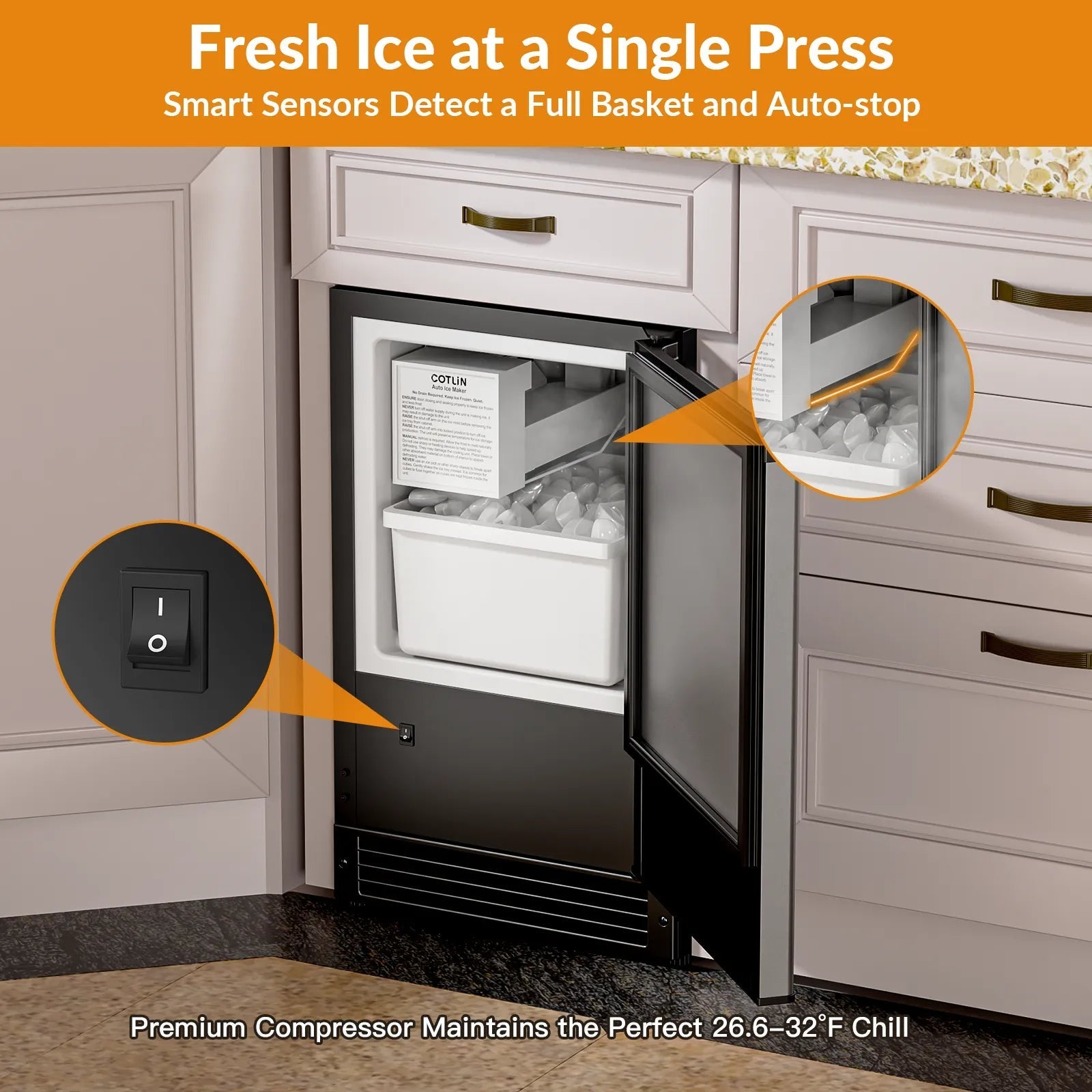 Cotlin IMC20 Crescent Ice Maker Drainless 15" Undercounter 15 lbs/Day with 12 lb. Storage Bin New