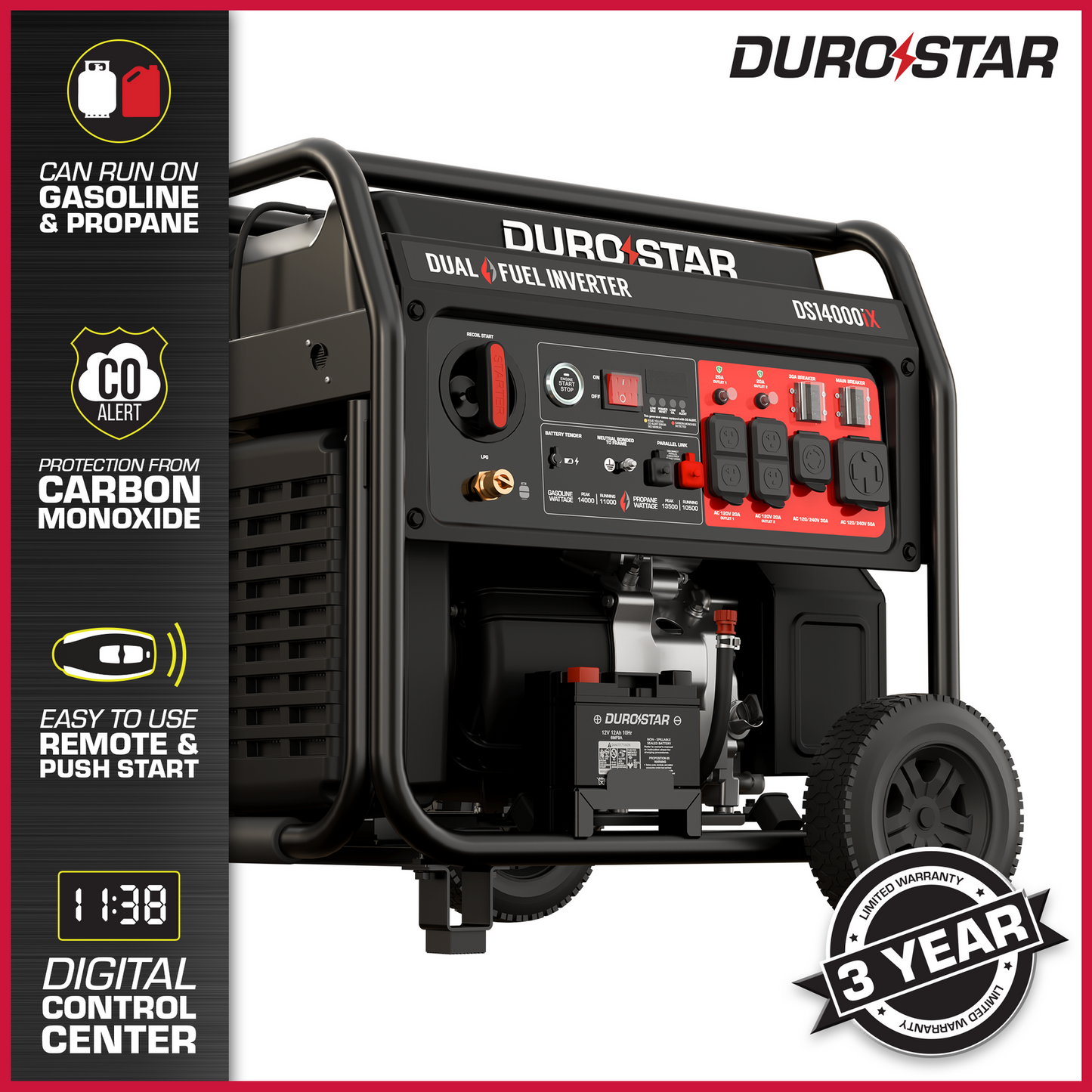 DuroStar DS14000iX 11000W/14000W Generator Dual Fuel Gas Propane 50A Low THD Inverter Remote Start New