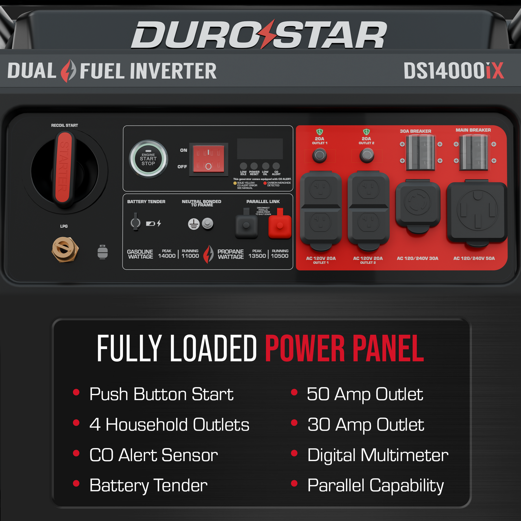 DuroStar DS14000iX 11000W/14000W Generator Dual Fuel Gas Propane 50A Low THD Inverter Remote Start New