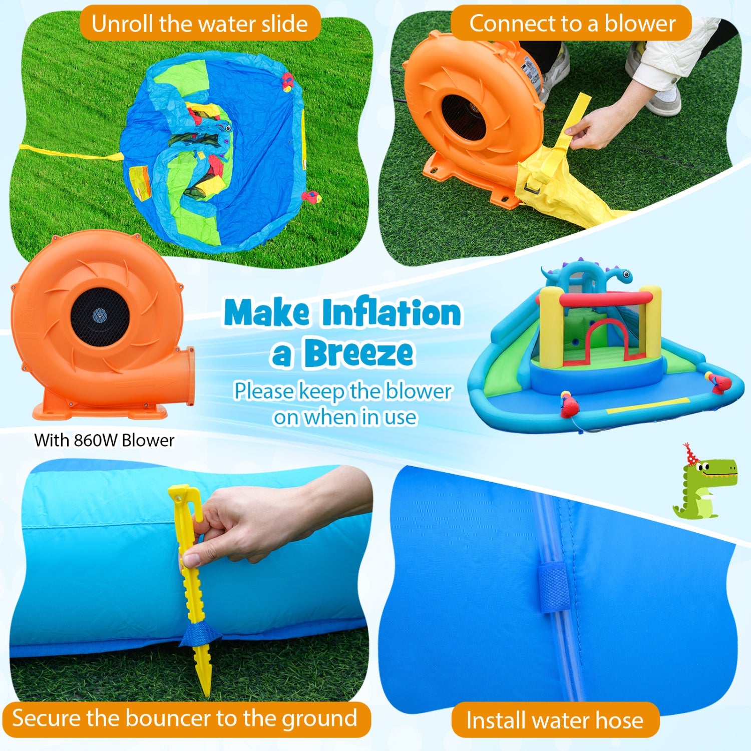 Costway Dinosaur Kids Inflatable Bounce House w/ 860W Air Blower 60159807 New