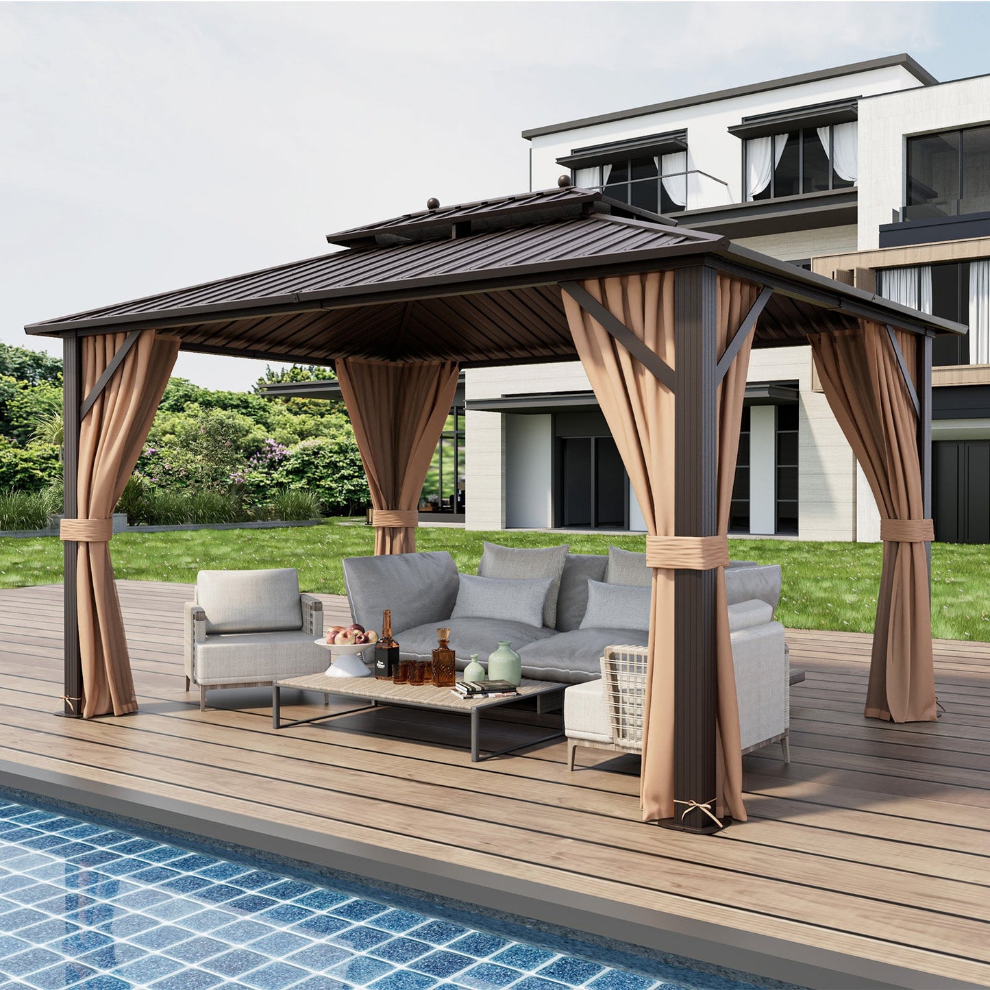 Costway 10' x 13' Patio Hardtop Gazebo Galvanized Steel Double Roof Netting 73825964 New
