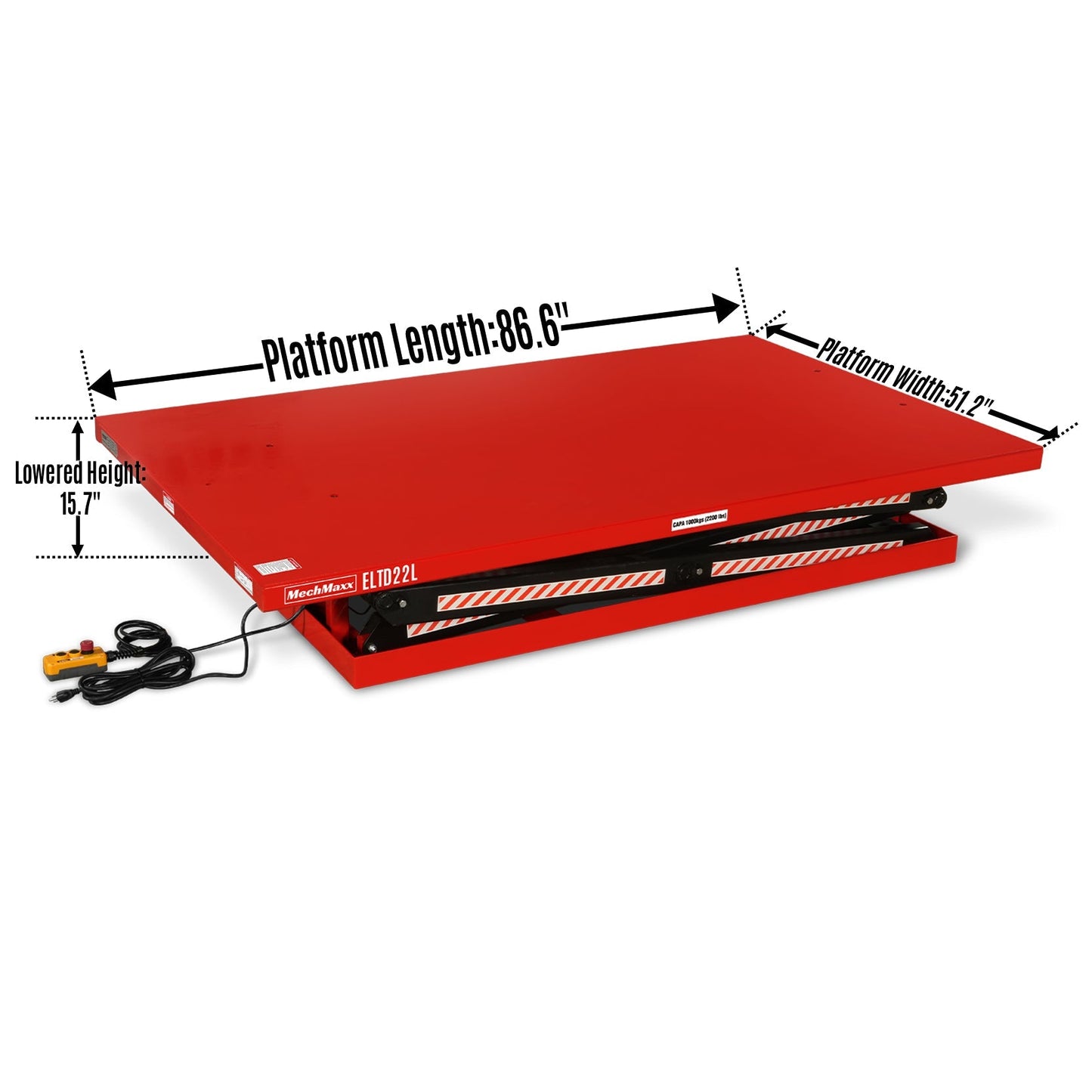 MechMaxx ELTD22L Lift Table 2200 lbs Capacity Stationary Powered Hydraulic Double Scissor 86.6" x 51.2" Platform 94.5" Lift Height UL Certified Motor New