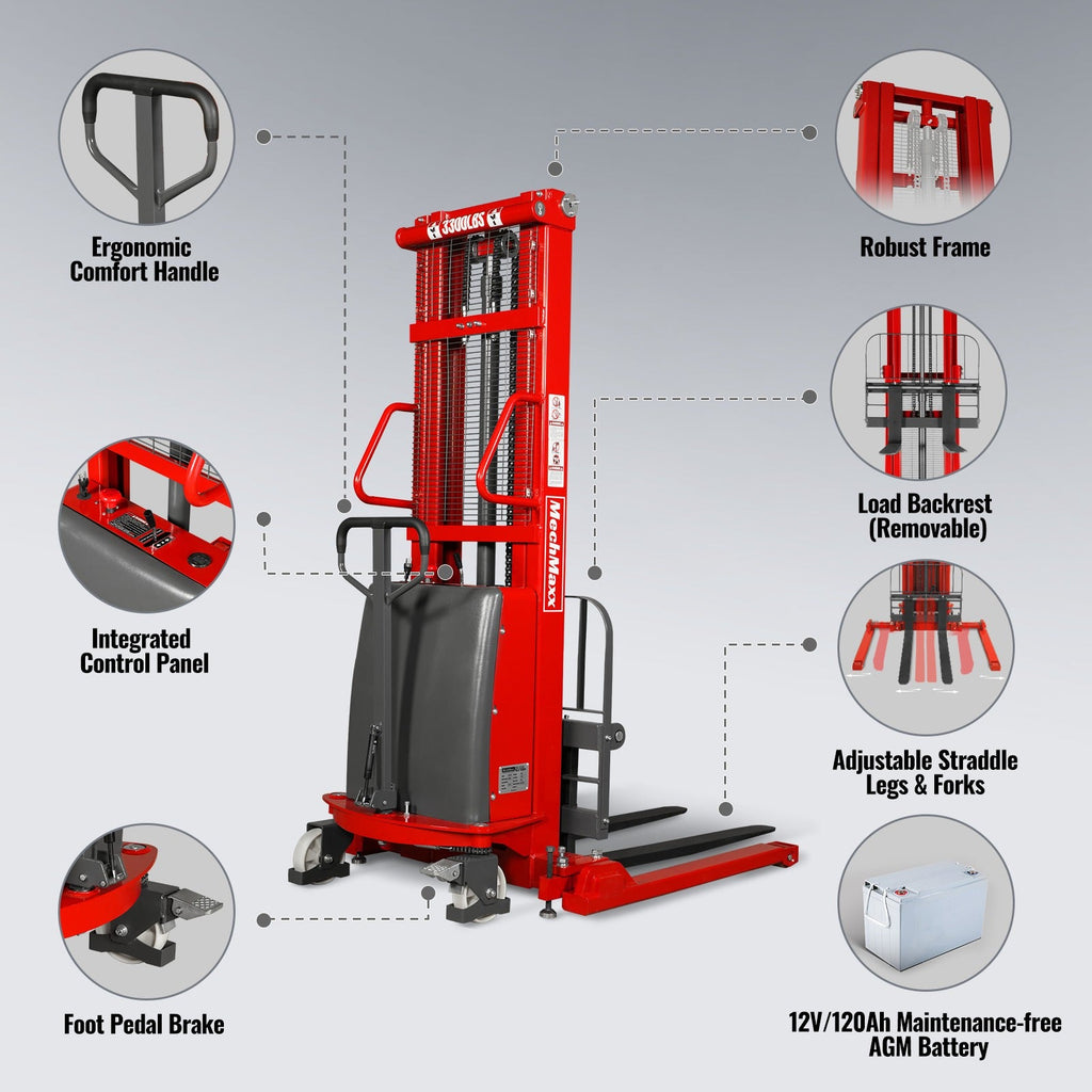 3300lbs Semi-Electric Straddle Stacker,  118" Lift,  Adjustable Legs & Forks,  S33-118S