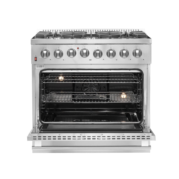 FORNO Galiano 36-Inch Dual Fuel Range Stainless Steel, 6 Burners, 5.36 cu.ft. True Convection Oven