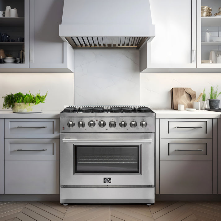 FORNO Galiano 36-Inch Dual Fuel Range Stainless Steel, 6 Burners, 5.36 cu.ft. True Convection Oven