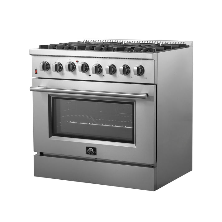 FORNO Galiano 36-Inch Dual Fuel Range Stainless Steel, 6 Burners, 5.36 cu.ft. True Convection Oven