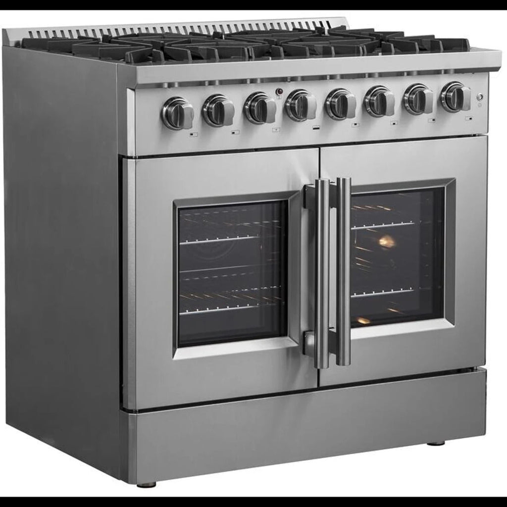Freestanding French Door Dual Fuel Range with Convection Oven, Continuous Grates, and Insulated Oven Door: 36" Width, 6 Sealed Burners, 5.36 cu. ft. Capacity