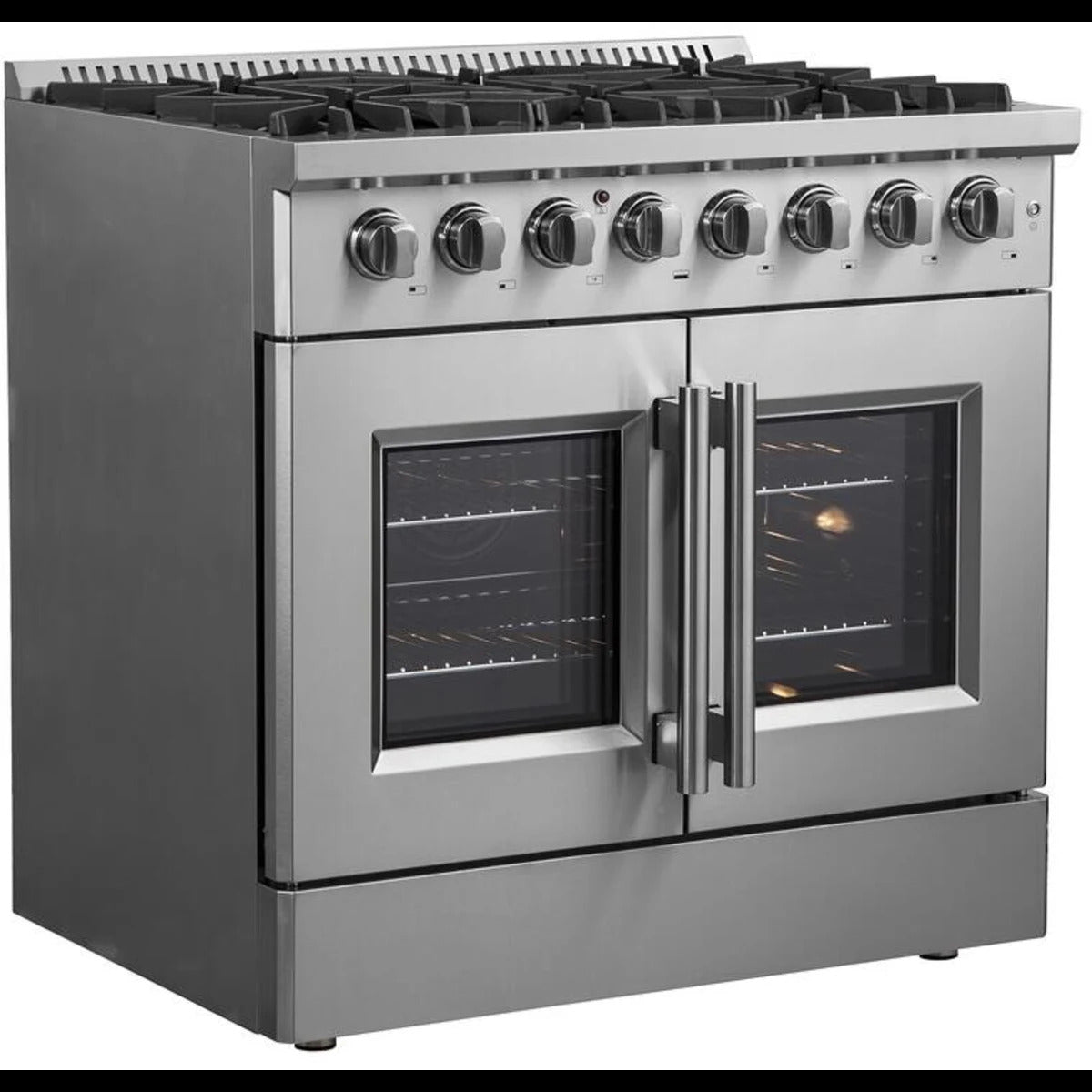 Freestanding French Door Dual Fuel Range with Convection Oven, Continuous Grates, and Insulated Oven Door: 36" Width, 6 Sealed Burners, 5.36 cu. ft. Capacity