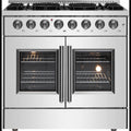 Freestanding French Door Dual Fuel Range with Convection Oven, Continuous Grates, and Insulated Oven Door: 36" Width, 6 Sealed Burners, 5.36 cu. ft. Capacity