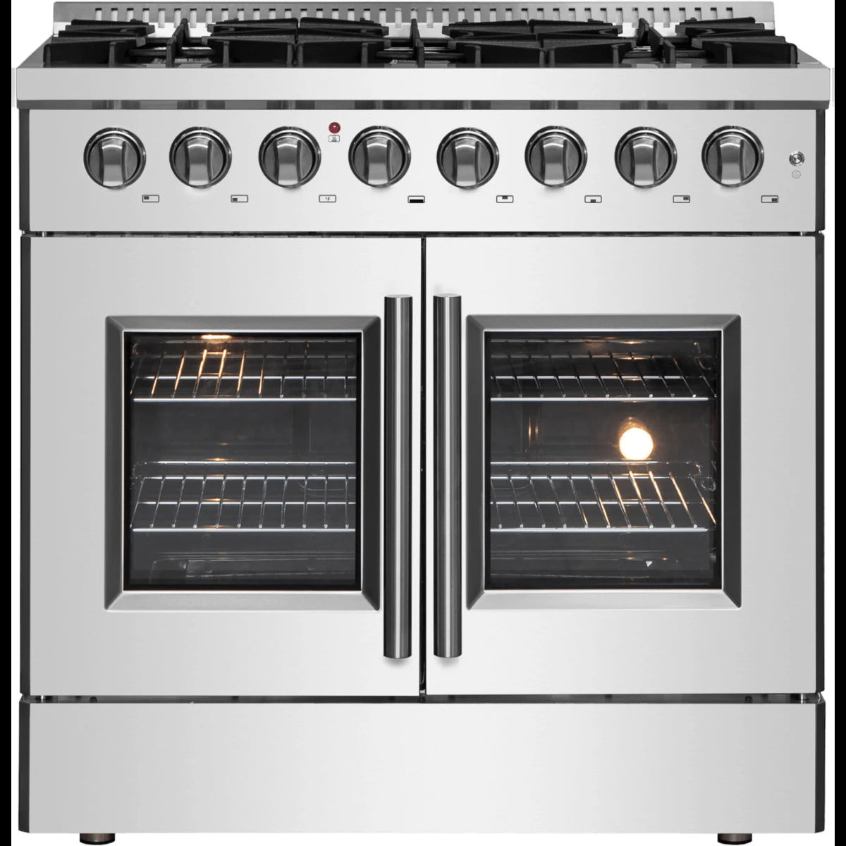 Freestanding French Door Dual Fuel Range with Convection Oven, Continuous Grates, and Insulated Oven Door: 36" Width, 6 Sealed Burners, 5.36 cu. ft. Capacity