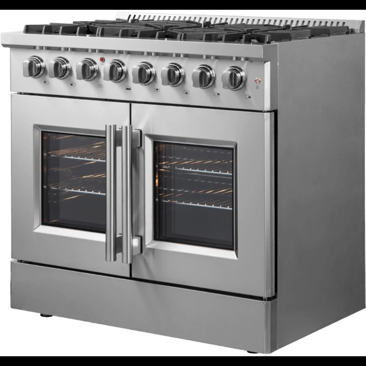 Freestanding French Door Dual Fuel Range with Convection Oven, Continuous Grates, and Insulated Oven Door: 36" Width, 6 Sealed Burners, 5.36 cu. ft. Capacity