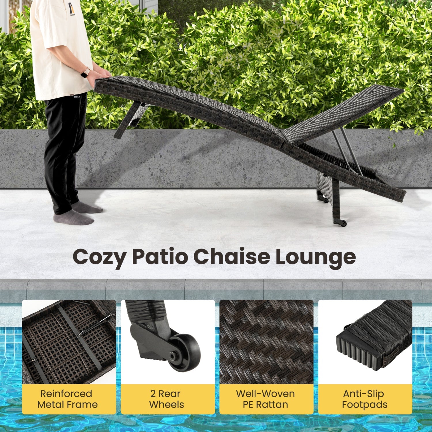 Costway Folding Padded Rattan Patio Chaise Lounge Set of 2 Adjustable Backrest 92576403 New