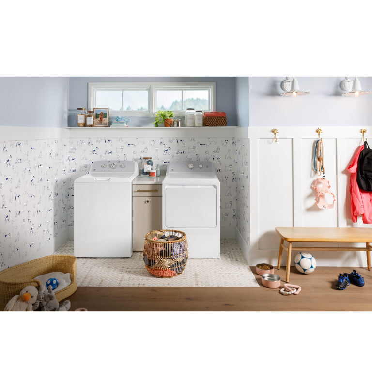 GE  4.3 cu. ft. Capacity Washer with Stainless Steel Basket,Cold Plus and Water Level Control - White w/ Silver Matte Backsplash (GTW385ASWWS)