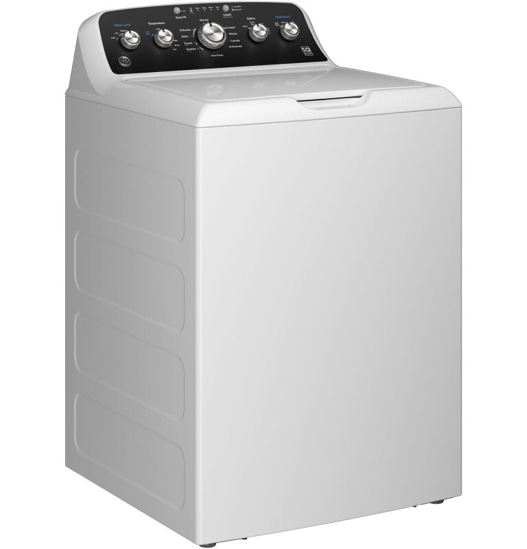 GE  4.5 cu. ft. Capacity Washer with Stainless Steel Basket, Cold Plus and Wash Boost - White w/ Black Matte Backsplash (GTW485ASWWB)