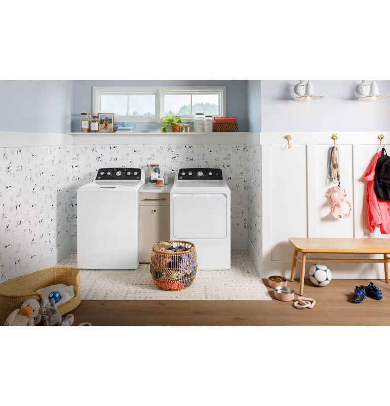 GE  4.5 cu. ft. Capacity Washer with Stainless Steel Basket, Cold Plus and Wash Boost - White w/ Black Matte Backsplash (GTW485ASWWB)