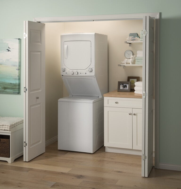 GE  Unitized Spacemaker 2.3 cu. ft. Capacity Washer with Stainless Steel Basket and 4.4 cu. ft. Capacity Electric Dryer - White on White (GUD24ESSMWW)