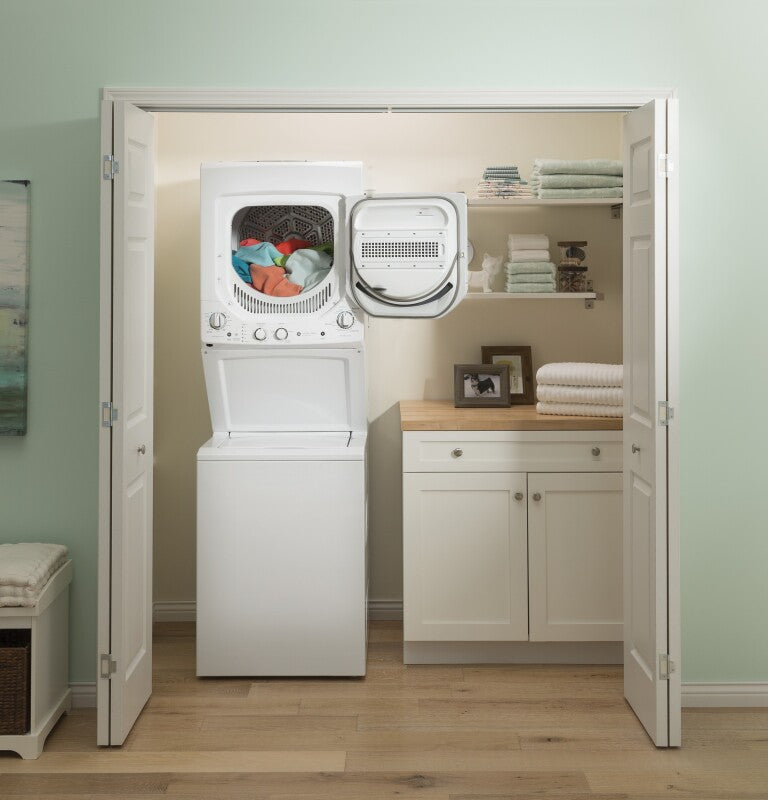 GE  Unitized Spacemaker 2.3 cu. ft. Capacity Washer with Stainless Steel Basket and 4.4 cu. ft. Capacity Electric Dryer - White on White (GUD24ESSMWW)