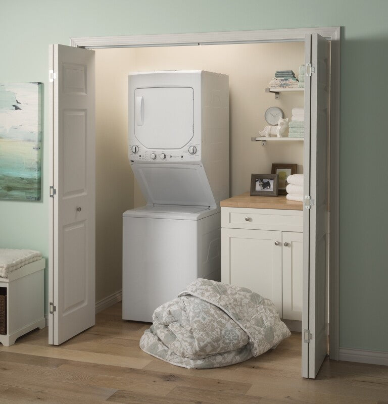 GE  Unitized Spacemaker 2.3 cu. ft. Capacity Washer with Stainless Steel Basket and 4.4 cu. ft. Capacity Electric Dryer - White on White (GUD24ESSMWW)