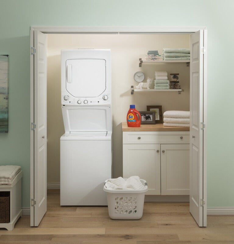 GE  Unitized Spacemaker 2.3 cu. ft. Capacity Washer with Stainless Steel Basket and 4.4 cu. ft. Capacity Gas Dryer - White on White (GUD24GSSMWW)